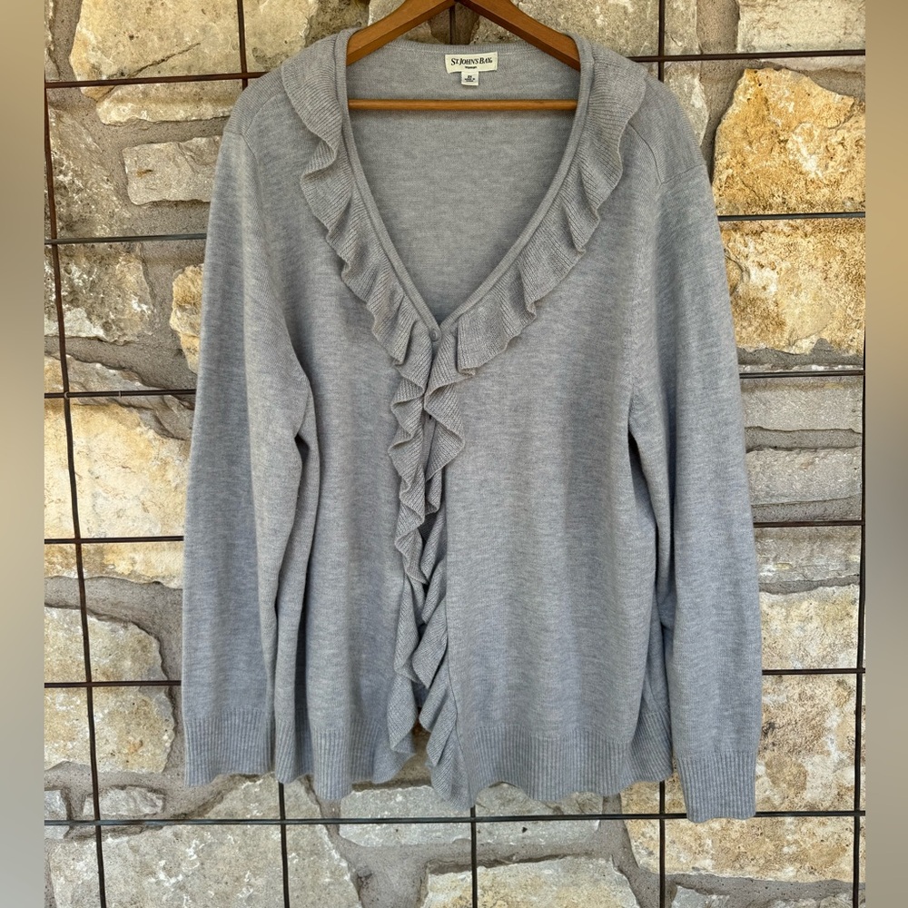 St John’s Bay woman’s  ruffled cardigan sweater heather gray size 2X plus size